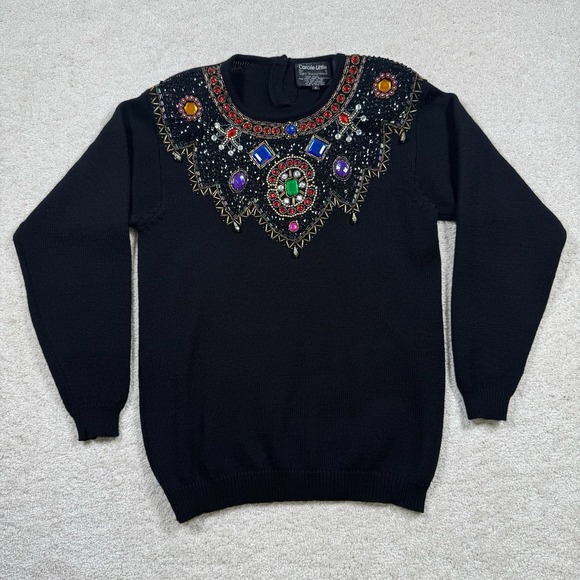 Carole Little Saint-Tropez West 100% Wool Sweater Beaded Sequin Size Small - Picture 2 of 8
